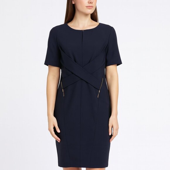 Escada Daniele Shift Dress Short Sleeve Cross Front Zip Detail Black 46 / US XL - Picture 1 of 16